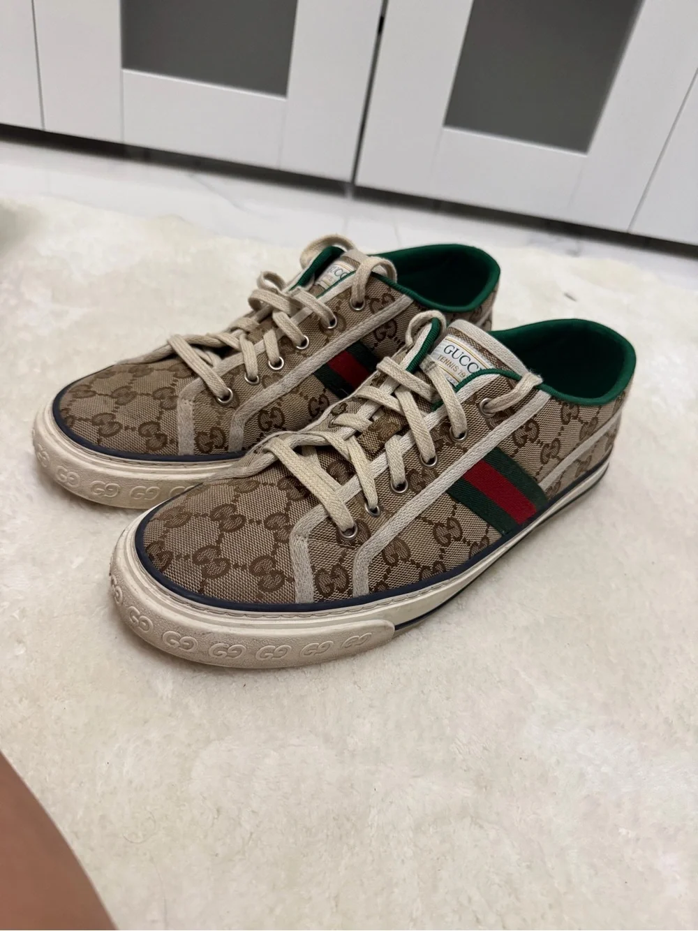 Gucci Beige Brown GG Canvas Sneakers with Green & Red Stripe